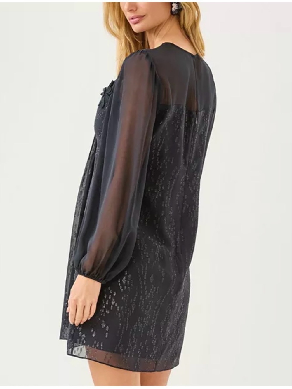 Sheer Long-Sleeve Black Shift Dress with Floral Applique